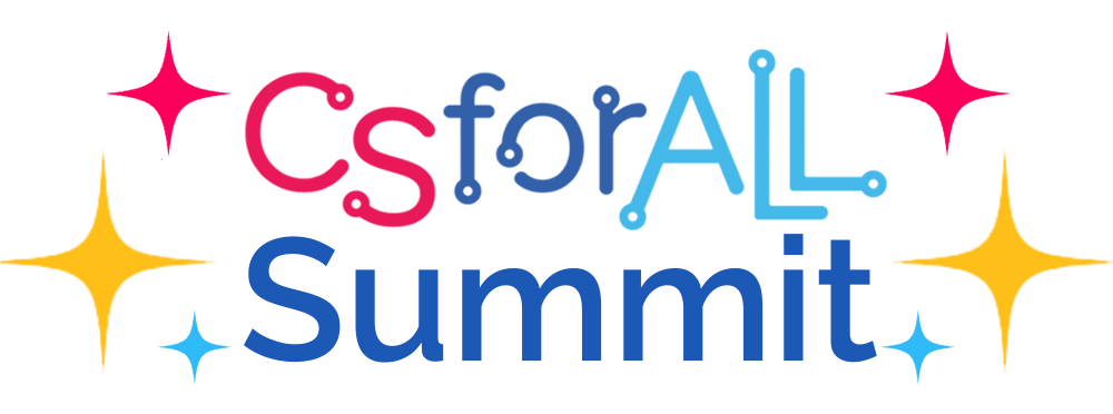 Logo of csforall summit 2023. Ally the robot sitting playing guitar with musical notes over the text CSforAll Summit 2023